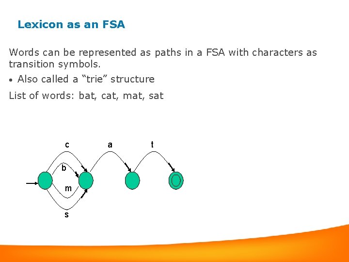 Lexicon as an FSA Words can be represented as paths in a FSA with