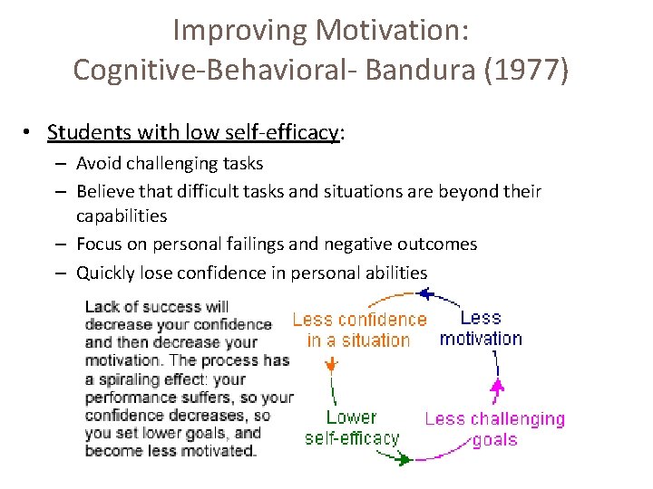 Improving Motivation: Cognitive-Behavioral- Bandura (1977) • Students with low self-efficacy: – Avoid challenging tasks