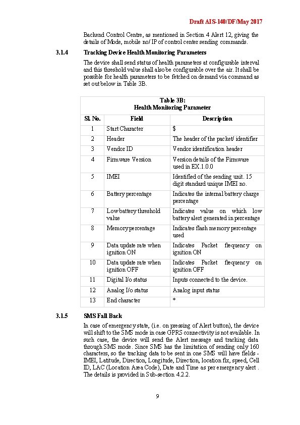 Draft AIS-140/DF/May 2017 Backend Control Centre, as mentioned in Section 4 Alert 12, giving