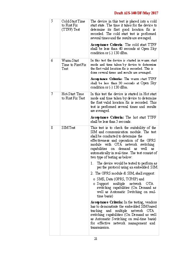 Draft AIS-140/DF/May 2017 5 Cold-Start Time to First Fix (TTFF) Test The device in