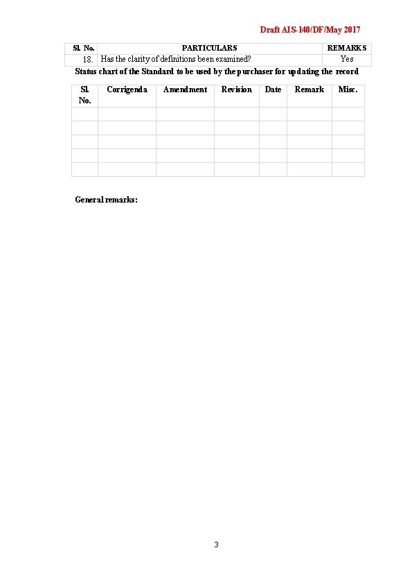 Draft AIS-140/DF/May 2017 PARTICULARS Sl. No. REMARKS Yes 18. Has the clarity of definitions