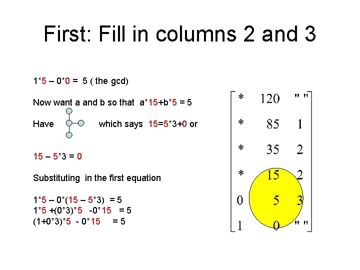 First: Fill in columns 2 and 3 1*5 – 0*0 = 5 ( the