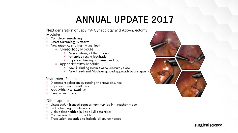 ANNUAL UPDATE 2017 Next generation of Lap. Sim® Gynecology and Appendectomy Modules § Complete