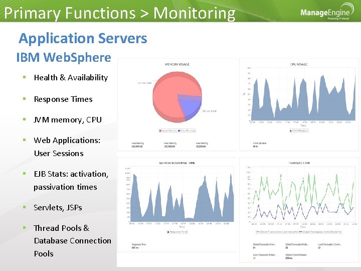 Primary Functions > Monitoring Application Servers IBM Web. Sphere Health & Availability Response Times