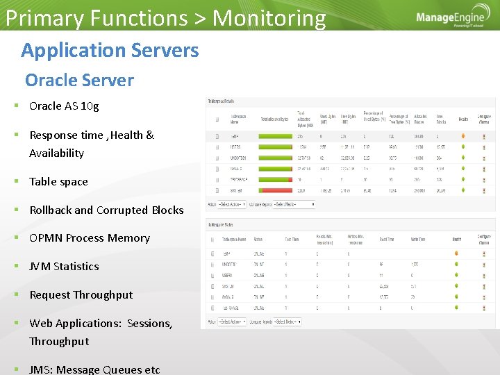 Primary Functions > Monitoring Application Servers Oracle Server Oracle AS 10 g Response time