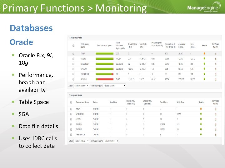 Primary Functions > Monitoring Databases Oracle 8. x, 9 i, 10 g Performance, health
