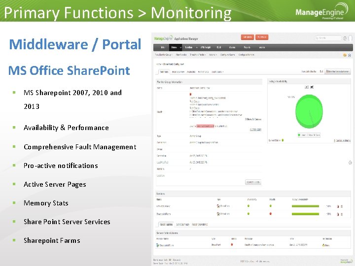 Primary Functions > Monitoring Middleware / Portal MS Office Share. Point MS Sharepoint 2007,
