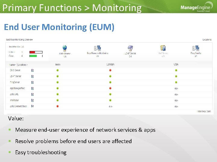 Primary Functions > Monitoring End User Monitoring (EUM) Value: Measure end-user experience of network