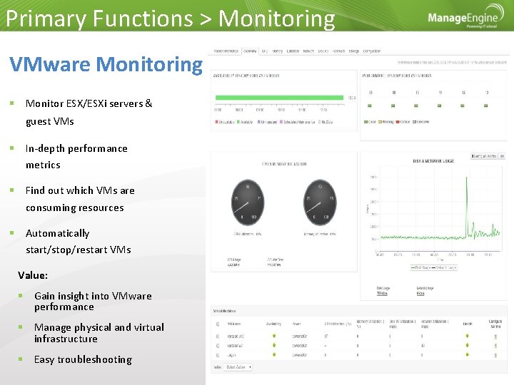 Primary Functions > Monitoring VMware Monitoring Monitor ESX/ESXi servers & guest VMs In-depth performance