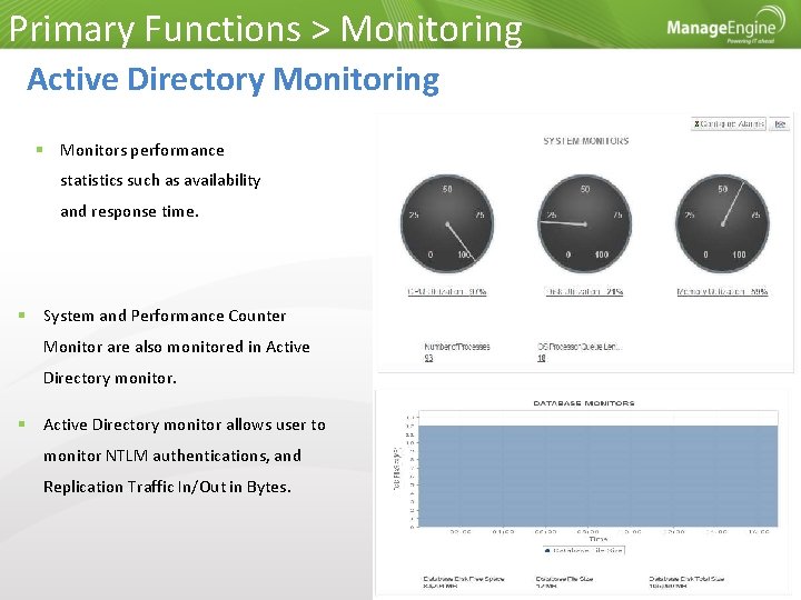 Primary Functions > Monitoring Active Directory Monitoring Monitors performance statistics such as availability and