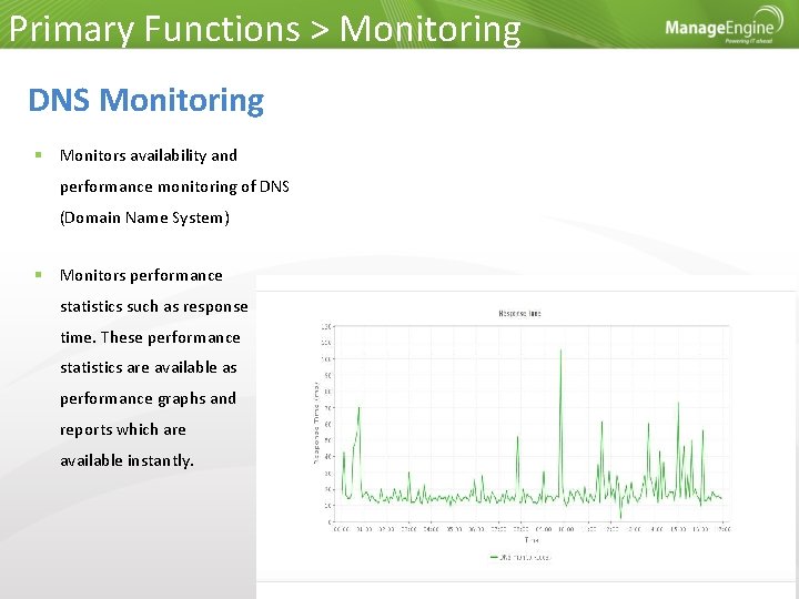 Primary Functions > Monitoring DNS Monitoring Monitors availability and performance monitoring of DNS (Domain