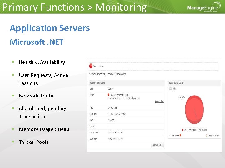 Primary Functions > Monitoring Application Servers Microsoft. NET Health & Availability User Requests, Active
