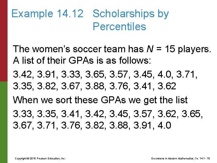 Example 14. 12 Scholarships by Percentiles The women’s soccer team has N = 15