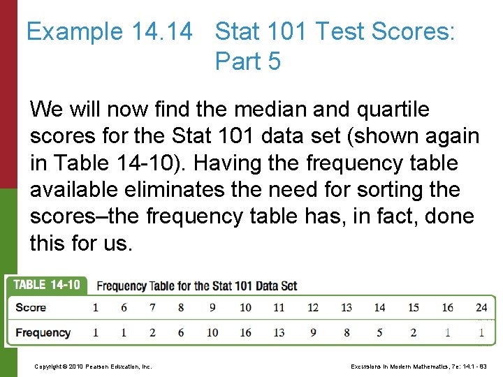 Example 14. 14 Stat 101 Test Scores: Part 5 We will now find the