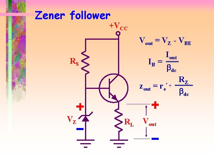 Zener follower +VCC Vout = VZ - VBE RS IB = Iout bdc zout