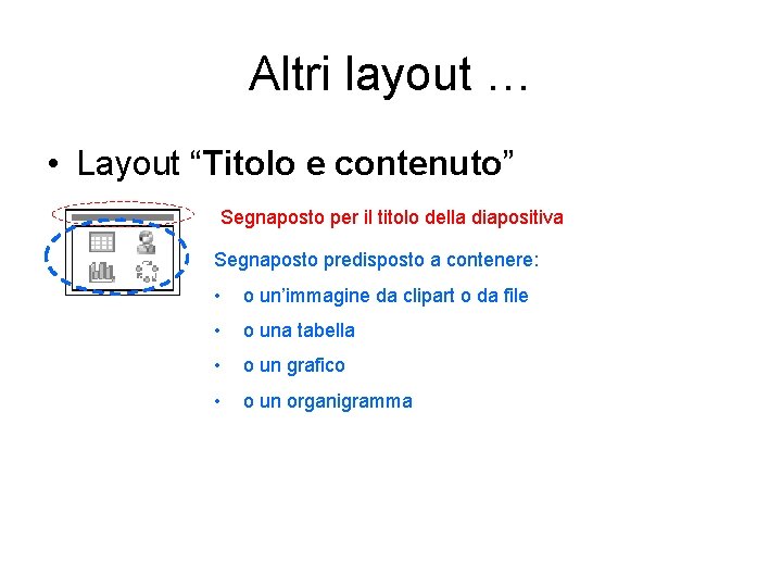 Altri layout … • Layout “Titolo e contenuto” Segnaposto per il titolo della diapositiva