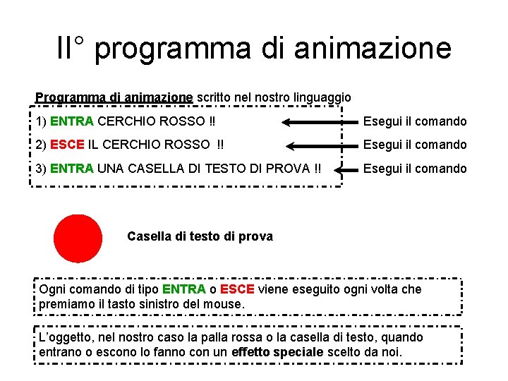 II° programma di animazione Programma di animazione scritto nel nostro linguaggio 1) ENTRA CERCHIO