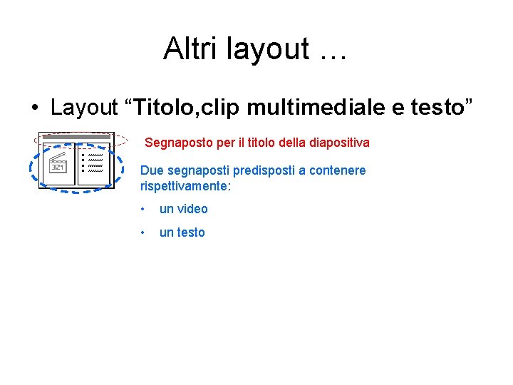 Altri layout … • Layout “Titolo, clip multimediale e testo” Segnaposto per il titolo