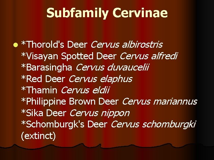 Subfamily Cervinae l *Thorold's Deer Cervus albirostris *Visayan Spotted Deer Cervus alfredi *Barasingha Cervus