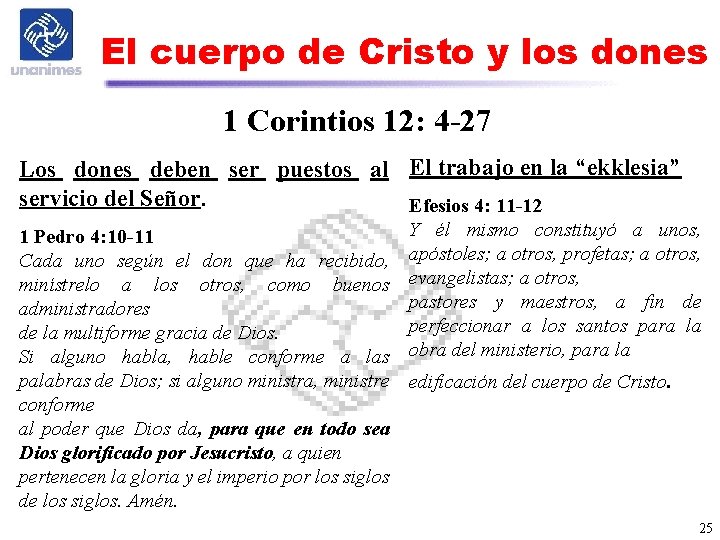 El cuerpo de Cristo y los dones 1 Corintios 12: 4 -27 Los dones