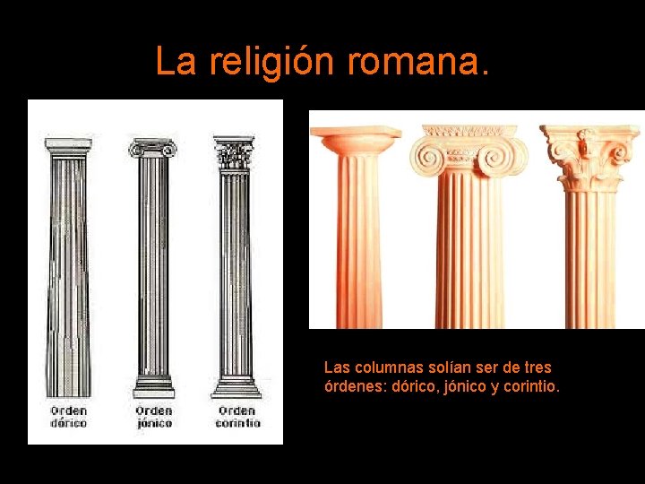 La religión romana. Las columnas solían ser de tres órdenes: dórico, jónico y corintio.