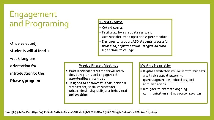 Engagement and Programing Once selected, students will attend a 1 Credit Course • Cohort