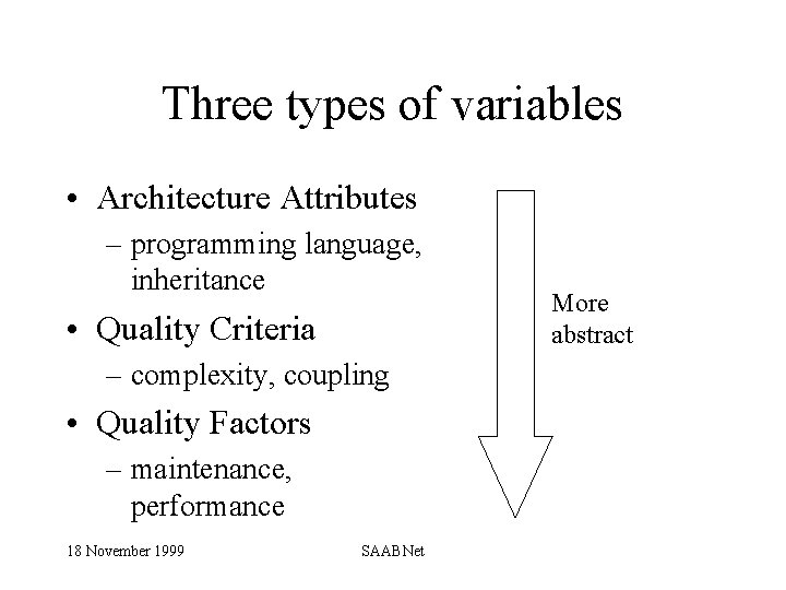 Three types of variables • Architecture Attributes – programming language, inheritance • Quality Criteria