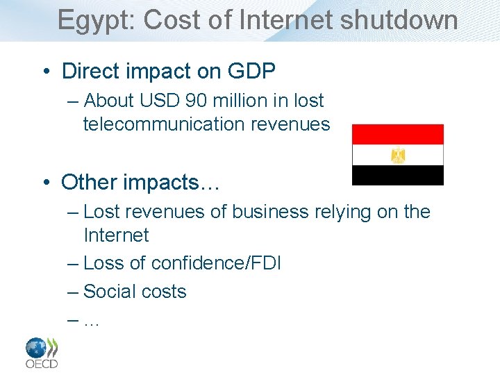 Egypt: Cost of Internet shutdown • Direct impact on GDP – About USD 90