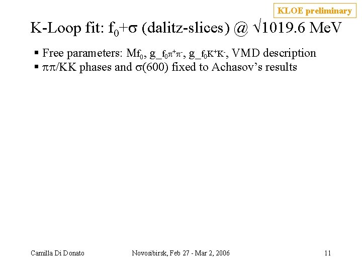 KLOE preliminary K Loop fit: f 0+s (dalitz slices) @ 1019. 6 Me. V