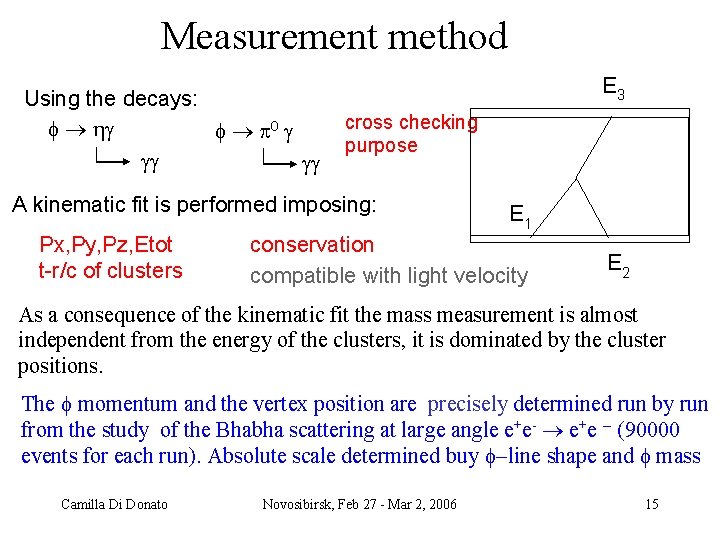 Measurement method Using the decays: f f E 3 cross checking purpose A kinematic