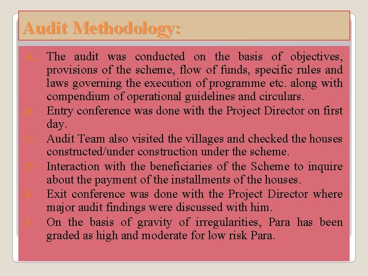 Audit Methodology: A. B. C. D. E. F. The audit was conducted on the Audit Methodology: A. B. C. D. E. F. The audit was conducted on the