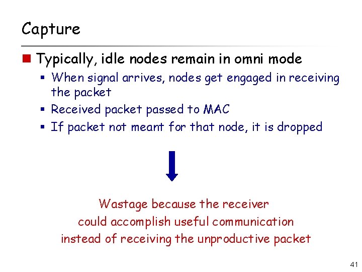 Capture n Typically, idle nodes remain in omni mode § When signal arrives, nodes