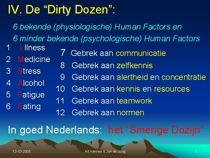 IV. De “Dirty Dozen”: 6 bekende (physiologische) Human Factors en 6 minder bekende (psychologische) IV. De “Dirty Dozen”: 6 bekende (physiologische) Human Factors en 6 minder bekende (psychologische)