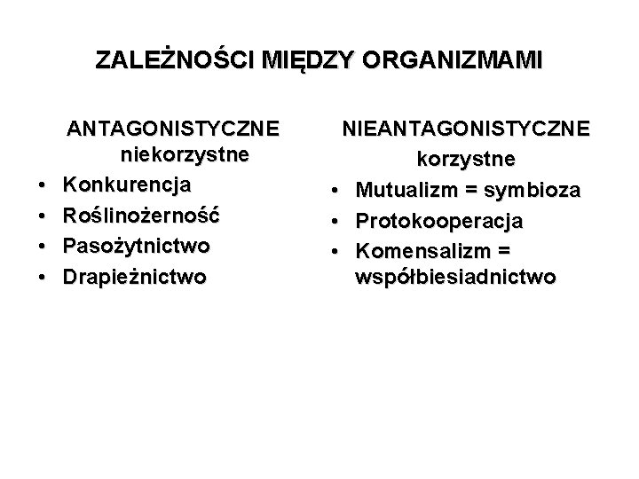 ZALEŻNOŚCI MIĘDZY ORGANIZMAMI • • ANTAGONISTYCZNE niekorzystne Konkurencja Roślinożerność Pasożytnictwo Drapieżnictwo NIEANTAGONISTYCZNE korzystne •