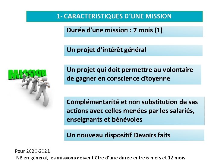 1 - CARACTERISTIQUES D’UNE MISSION Durée d’une mission : 7 mois (1) Un projet