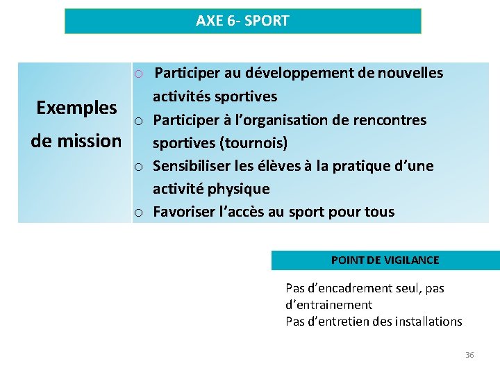 AXE 6 - SPORT Exemples de mission o Participer au développement de nouvelles activités