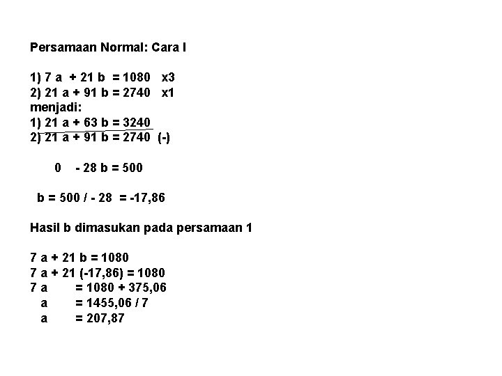 Persamaan Normal: Cara I 1) 7 a + 21 b = 1080 x 3