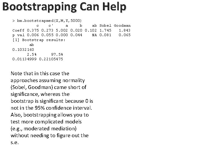 Bootstrapping Can Help > bm. bootstrapmed(X, M, Y, 5000) c c' a b ab Bootstrapping Can Help > bm. bootstrapmed(X, M, Y, 5000) c c' a b ab