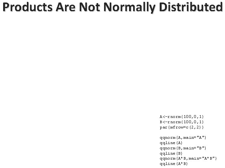 Products Are Not Normally Distributed A<-rnorm(100, 0, 1) B<-rnorm(100, 0, 1) par(mfrow=c(2, 2)) qqnorm(A, Products Are Not Normally Distributed A<-rnorm(100, 0, 1) B<-rnorm(100, 0, 1) par(mfrow=c(2, 2)) qqnorm(A,