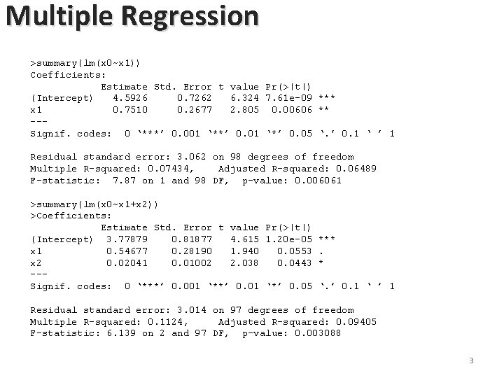 Multiple Regression >summary(lm(x 0~x 1)) Coefficients: Estimate Std. Error t value Pr(>|t|) (Intercept) 4. Multiple Regression >summary(lm(x 0~x 1)) Coefficients: Estimate Std. Error t value Pr(>|t|) (Intercept) 4.