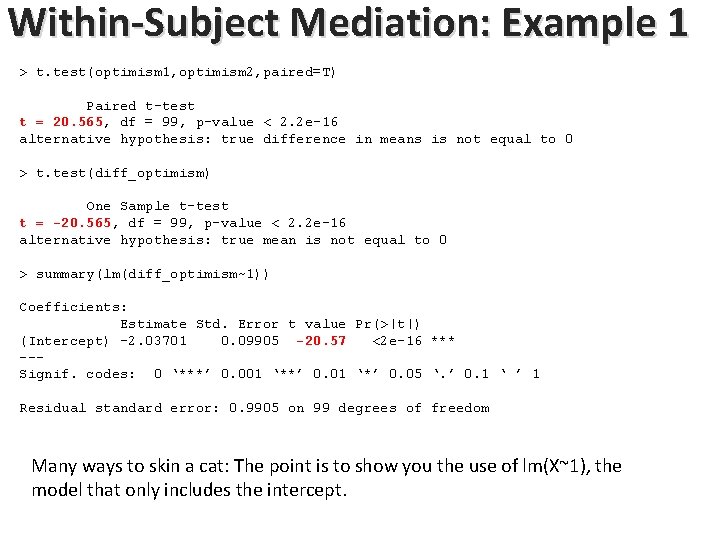 Within-Subject Mediation: Example 1 > t. test(optimism 1, optimism 2, paired=T) Paired t-test t Within-Subject Mediation: Example 1 > t. test(optimism 1, optimism 2, paired=T) Paired t-test t