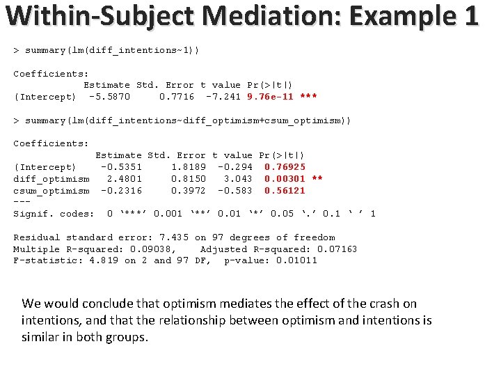 Within-Subject Mediation: Example 1 > summary(lm(diff_intentions~1)) Coefficients: Estimate Std. Error t value Pr(>|t|) (Intercept) Within-Subject Mediation: Example 1 > summary(lm(diff_intentions~1)) Coefficients: Estimate Std. Error t value Pr(>|t|) (Intercept)