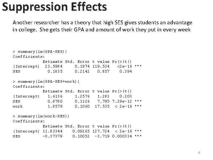 Suppression Effects Another researcher has a theory that high SES gives students an advantage Suppression Effects Another researcher has a theory that high SES gives students an advantage