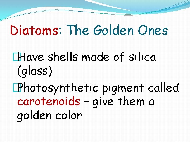 Diatoms: The Golden Ones �Have shells made of silica (glass) �Photosynthetic pigment called carotenoids