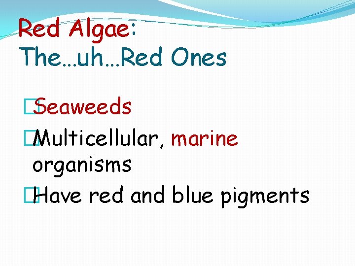 Red Algae: The…uh…Red Ones �Seaweeds �Multicellular, marine organisms �Have red and blue pigments 