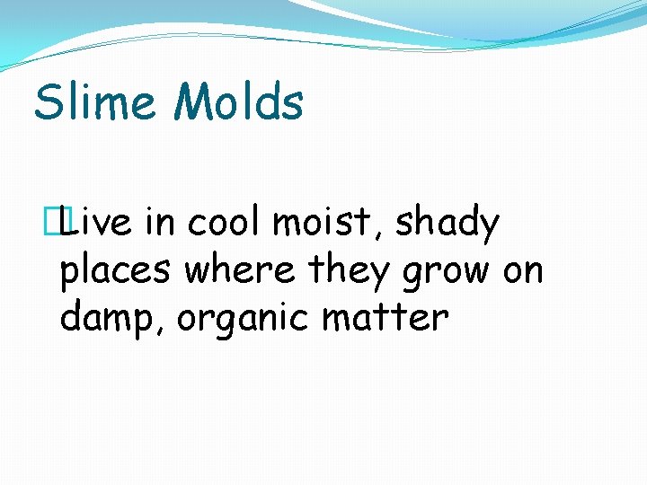 Slime Molds �Live in cool moist, shady places where they grow on damp, organic