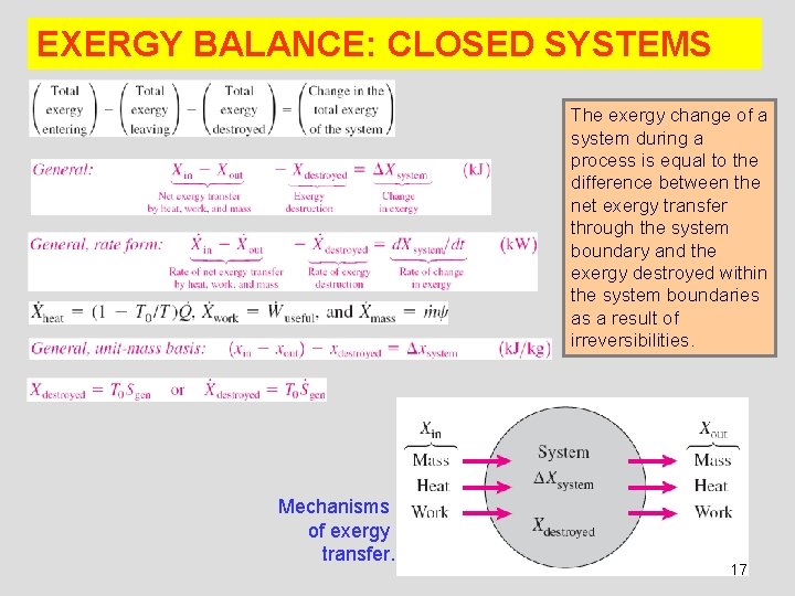 EXERGY BALANCE: CLOSED SYSTEMS The exergy change of a system during a process is