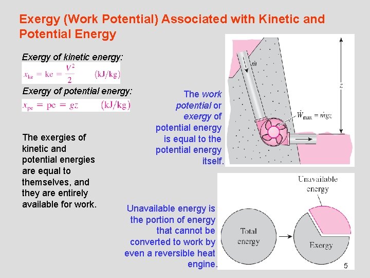 Exergy (Work Potential) Associated with Kinetic and Potential Energy Exergy of kinetic energy: Exergy