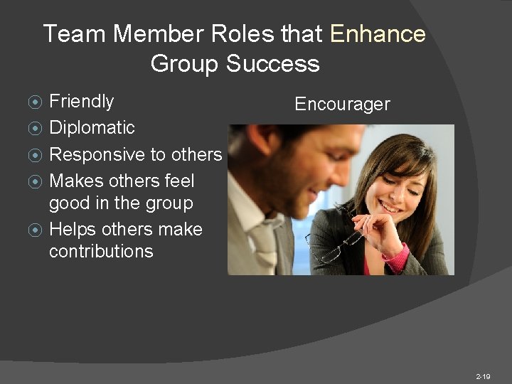 Team Member Roles that Enhance Group Success ⦿ ⦿ ⦿ Friendly Diplomatic Responsive to Team Member Roles that Enhance Group Success ⦿ ⦿ ⦿ Friendly Diplomatic Responsive to