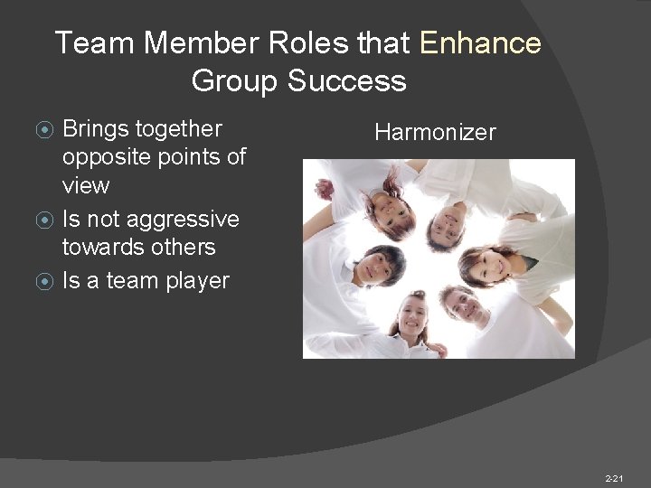 Team Member Roles that Enhance Group Success Brings together opposite points of view ⦿ Team Member Roles that Enhance Group Success Brings together opposite points of view ⦿